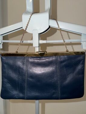 Etra Vintage Classic Navy Leather Frame Clutch with Gold Chain Strap